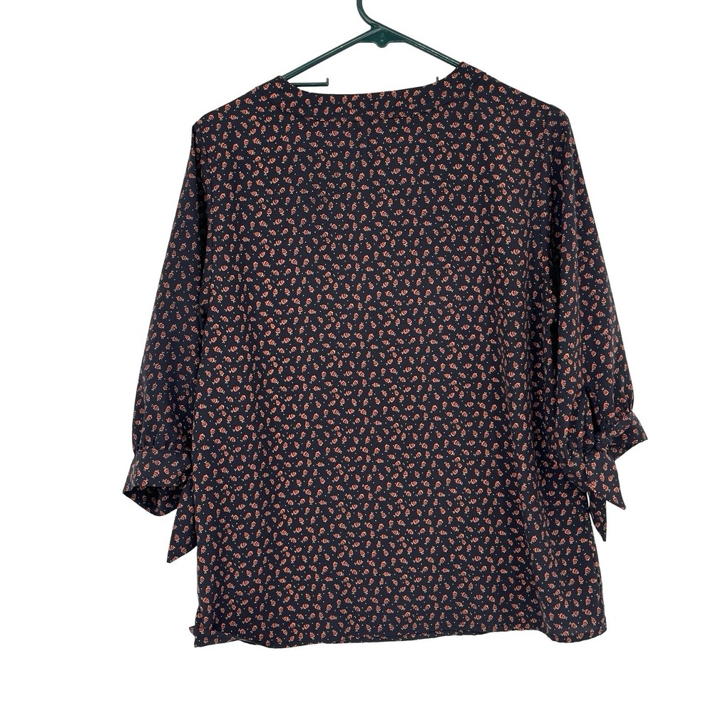 Le Lis Women's Blouse M Navy Orange Floral Tie Sleeve Made USA Boho Pullover Top - Picture 6 of 6